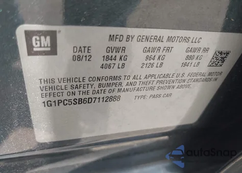 2013 Chevrolet Cruze 1Lt Auto z USA, uszkodzony, nr VIN 1G1PC5SB6D7112888